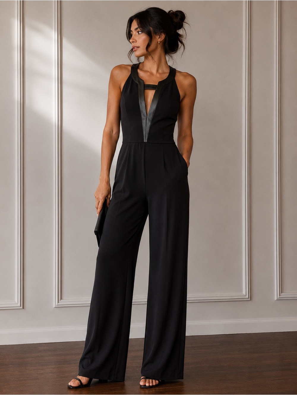 Emma Lang Black Halter Jumpsuit with Faux Leather Trim Size S Faux Leather Party
